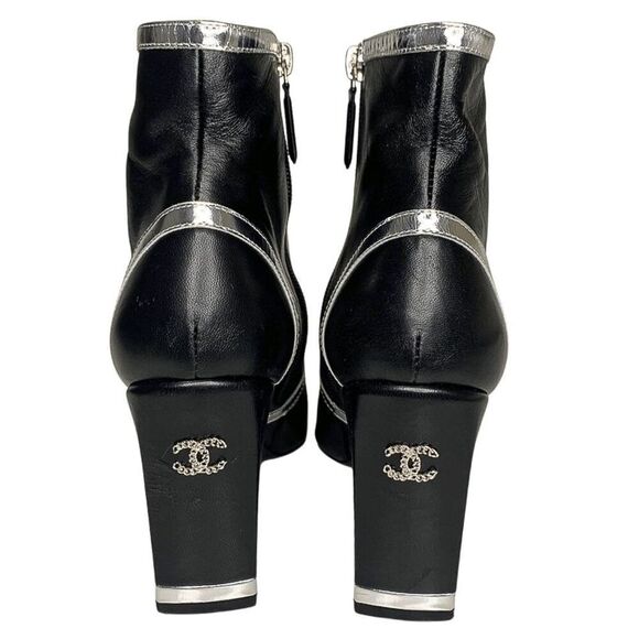 Chanel Interlocking C Black Leather and Grosgrain Ankle Booties EU 37.5 US 6.5-7 - Picture 6 of 10
